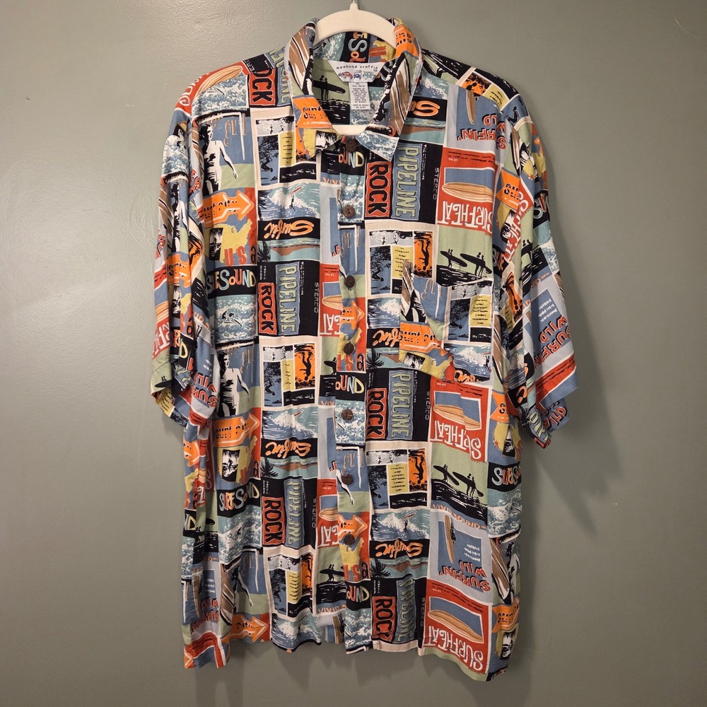 Vtg Weekend Traffic Men's XL Surf Graphic Print‎ Short Sleeve Button Up Shirt